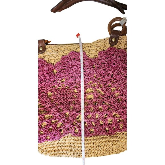 VTG Fossil Long Live 1954 Tote Bag Summer Beach Pink & Beige W/ Key Charm - Picture 7 of 9